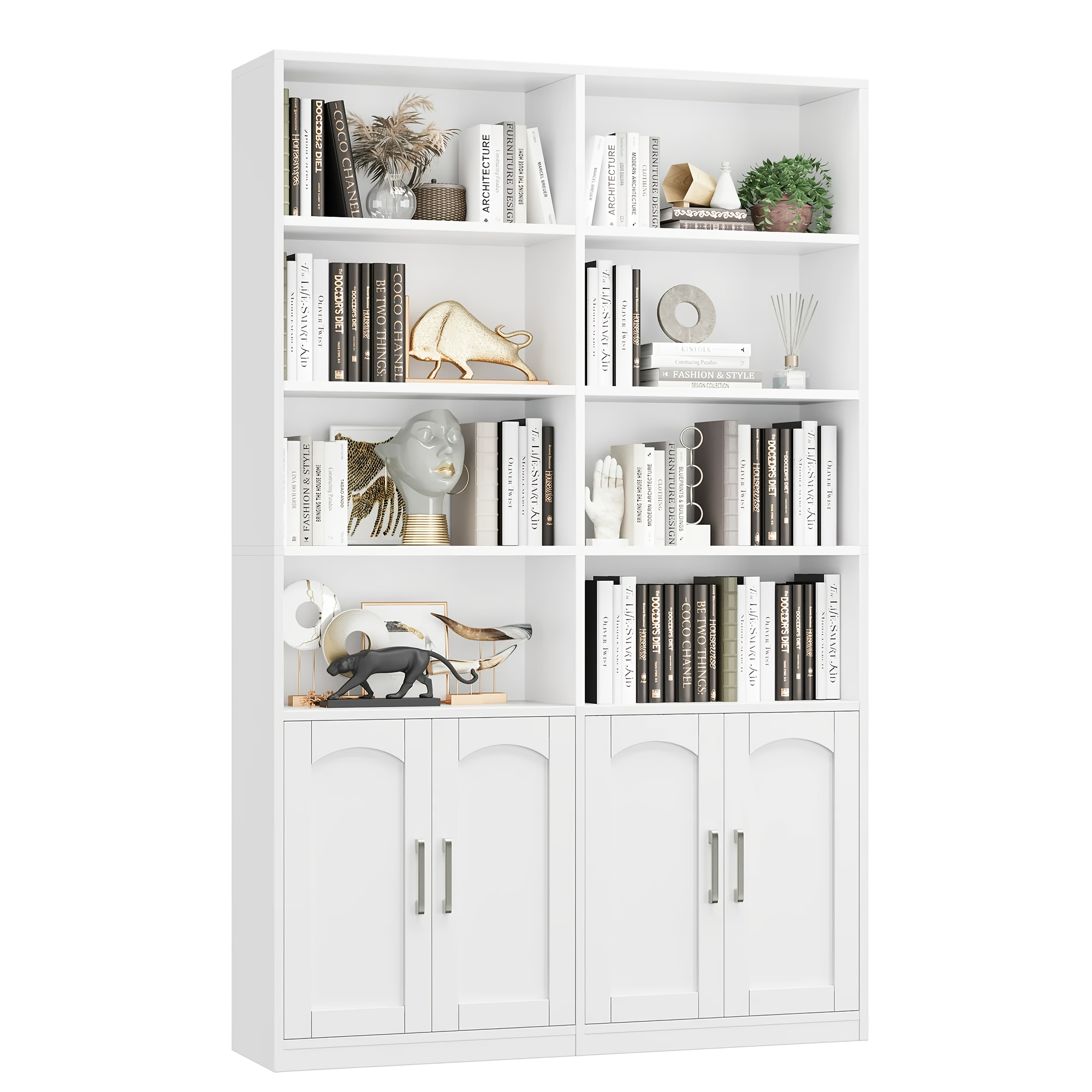 FULTRU Bookshelf And Bookcase with Doors, 6 Tier Double Wide Large Bookshelves, Open Display Shelves, 73'' Tall Bookshelf with Storage Cabinets for Home Office, Living Room, Library, White