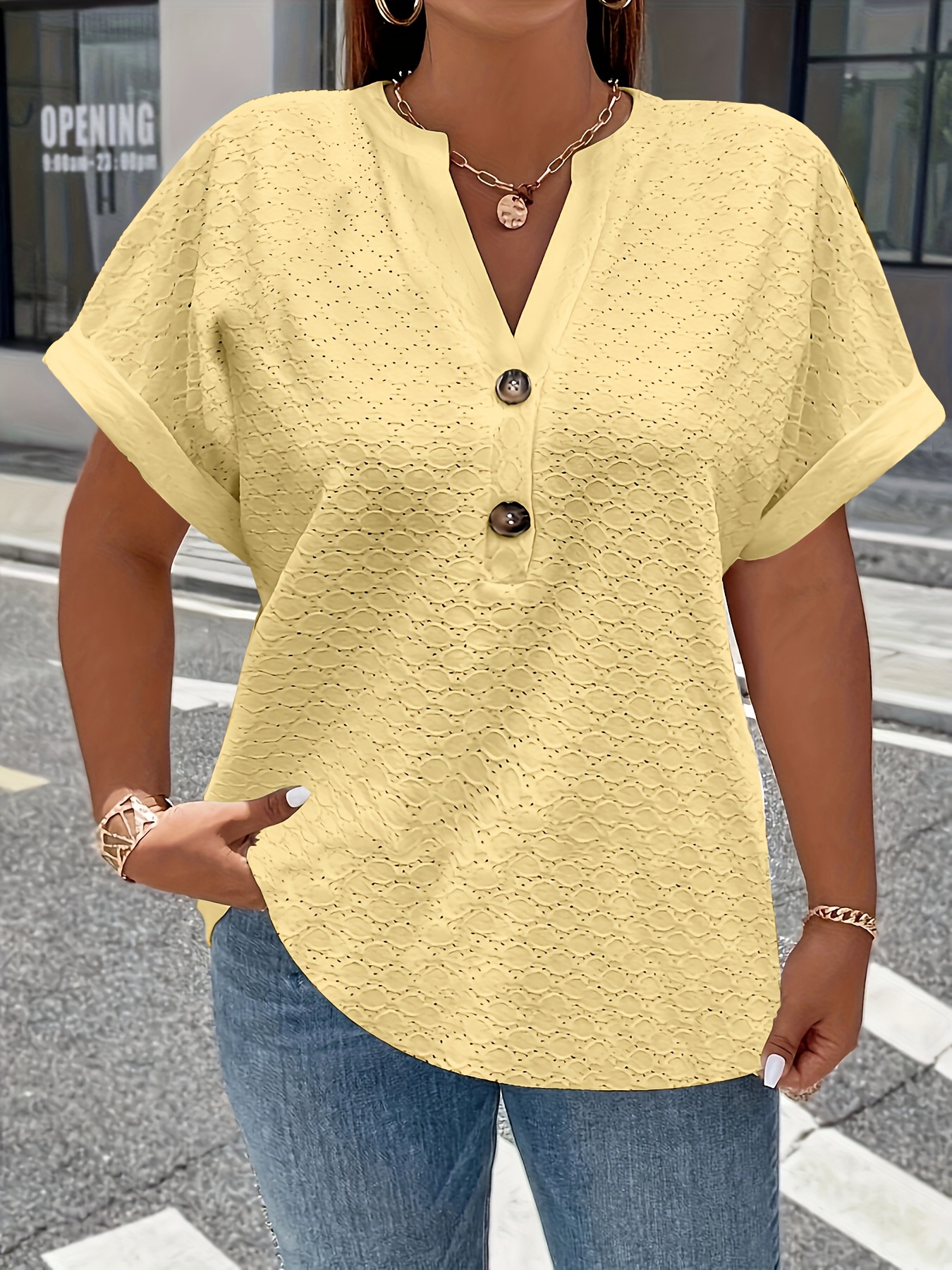 plus size eyelet solid button front v neck t shirt short sleeve casual top for spring summer womens plus size clothing details 3