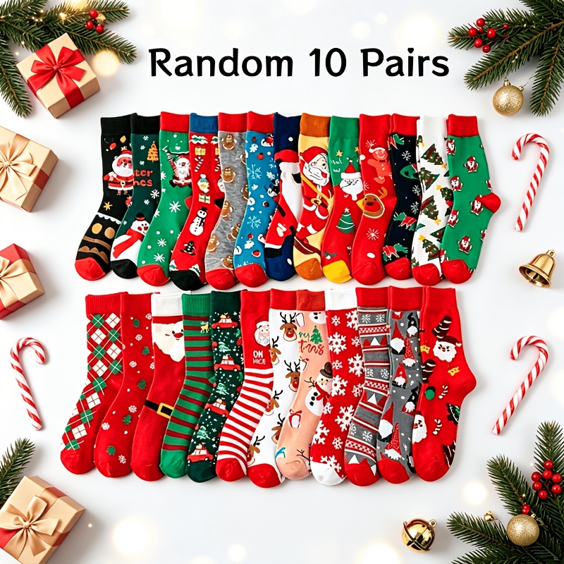 TEMU Christmas 10 Pairs Random Cartoon Santa Claus And Snowflakes Trendy Korean Style Christmas Gift Couple Mid-calf Socks