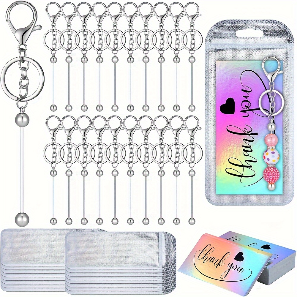 

60pcs Beadable Keychain Bars Resealable Pouch Bag And Thank You Cards Set Include 20 Beaded Keychain 20 Packaging Pouch 20 Appreciation Cards For Diy Pendant Craft Jewelry