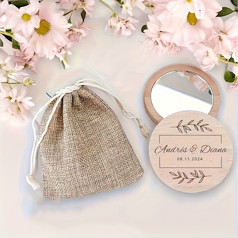 TEMU Espejo de madera personalizado para tallado, y portátil, para damas de honor, regalo de boda, suministros para fiestas de espejo de madera