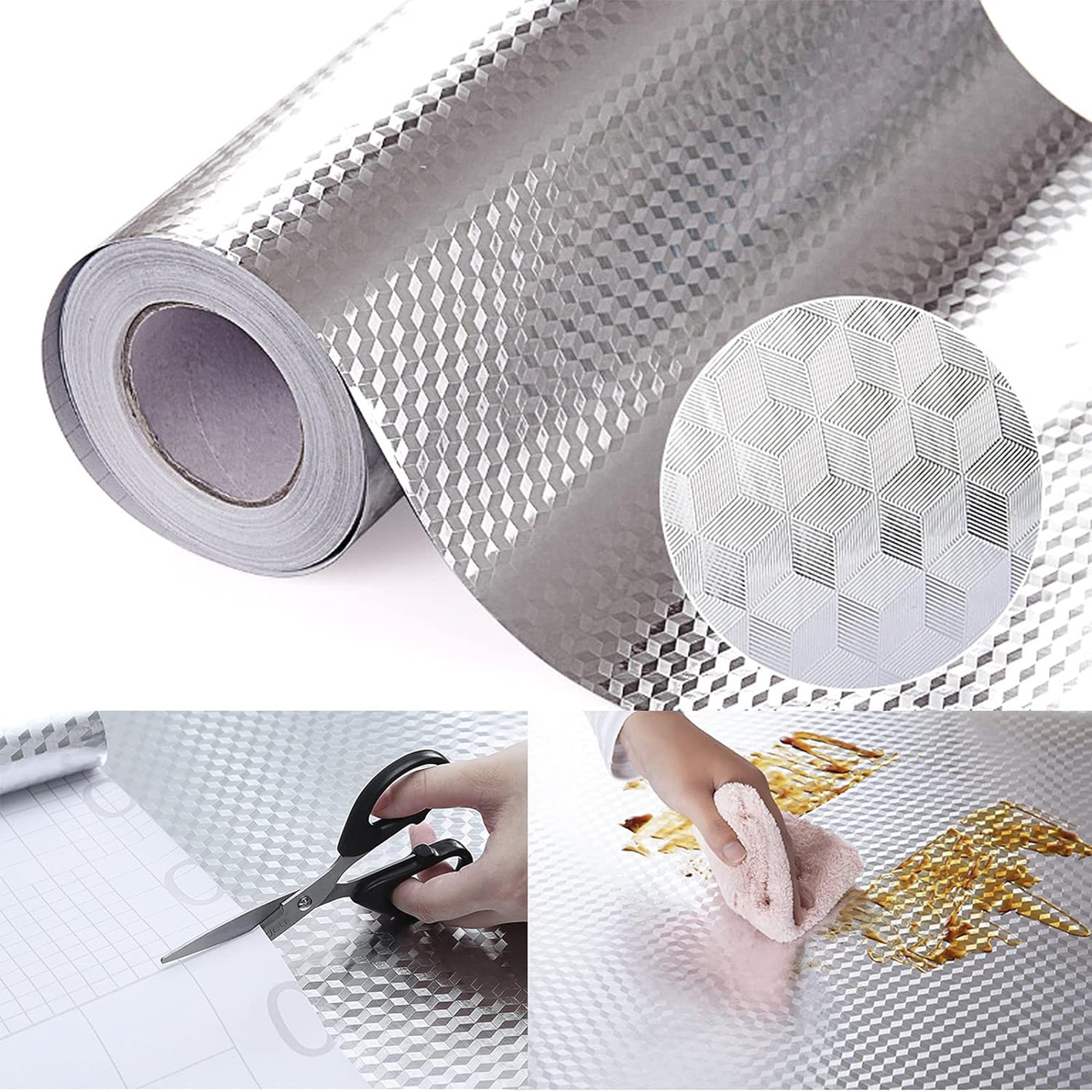 

Self-adhesive Aluminum Foil Contact Paper, Heat Resistant Kitchen Backsplash Wallpaper For Countertop Drawer Liner Shelf Liner, Silver Cubic Grid Pattern, 40cm Wide, Pvc Material - Splatter Screen