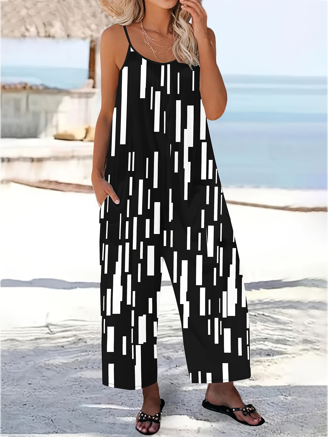 Women'* Geometric Stripe Print Sleeveless Jumpsuit Black White with  Pockets, Thin Straps Versatile Wear, Ladies Rompers And Jumpsuits,