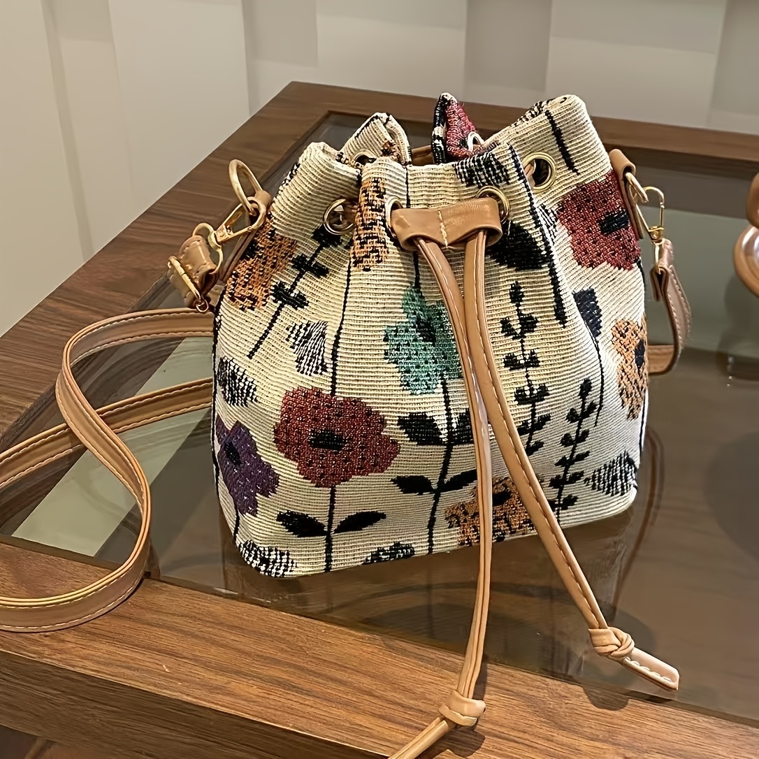 TEMU Women's Fashion Floral Bucket Bag - Vintage Shoulder/crossbody Bag With Adjustable Strap, Drawstring Closure, Polyester Lining, And Vibrant