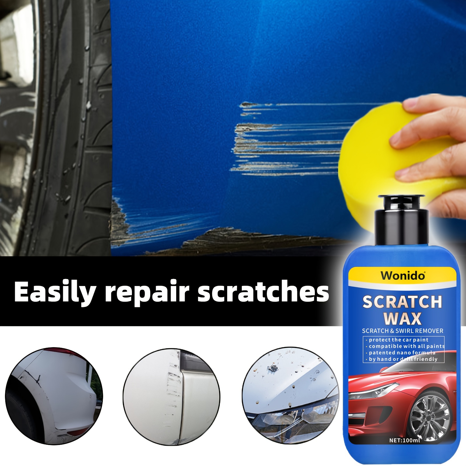 Scratch Repair Wax For Car,Car Scratch Remover,Car Paint Scratch Repair, Paint Repair Agent And Decontamination Cleaning Restoration Kit for All Vehicle Paint Care(With Sponge,3.5 oz/100 ml) - Walmart Supplies
