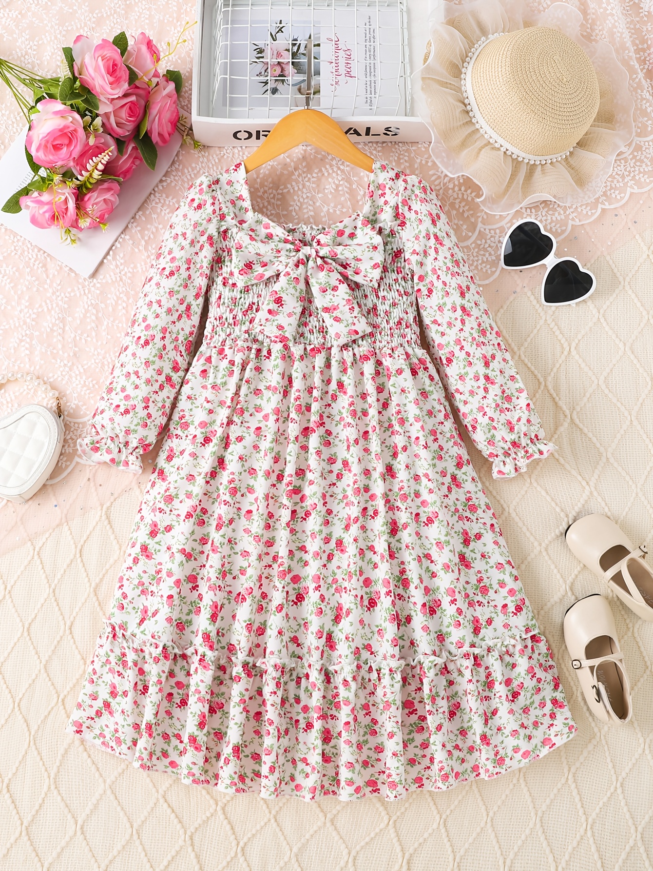 white christmas dresses Short Pink Floral Casual Party Dress with Puff Sleeves– PromGirl