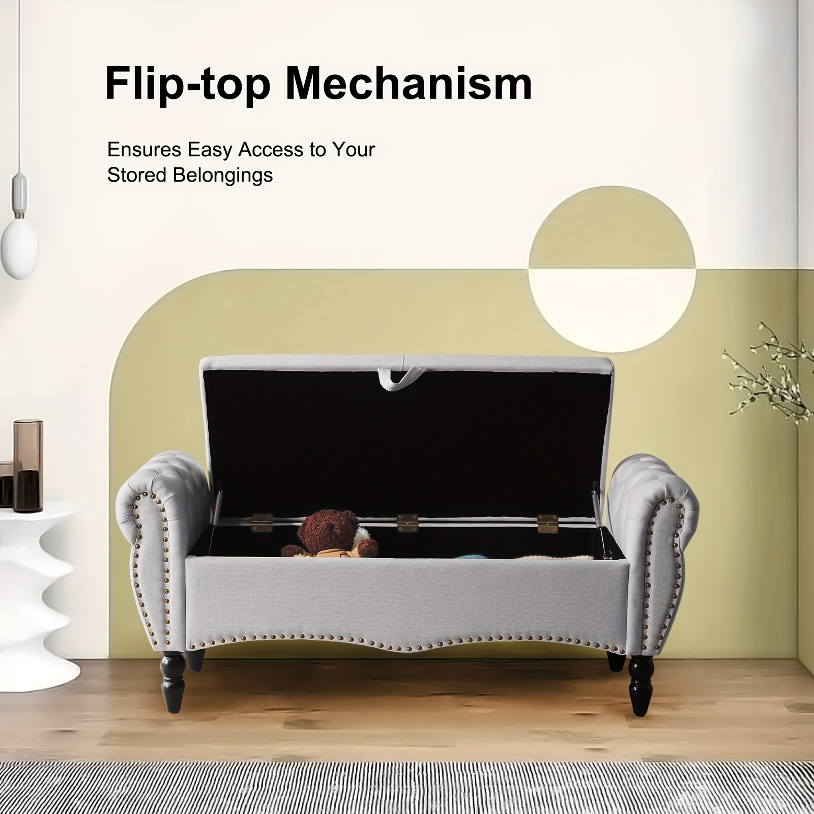 Mid-Century Modern Large Capacity Wooden Storage Box, Bedroom End of Bed Chair with Roll-Up Arms - Spacious Storage Space, Flip-Top Design, Perfect for Bedroom, Living Room, Hallway - Durable, Sturdy, Easy to Assemble