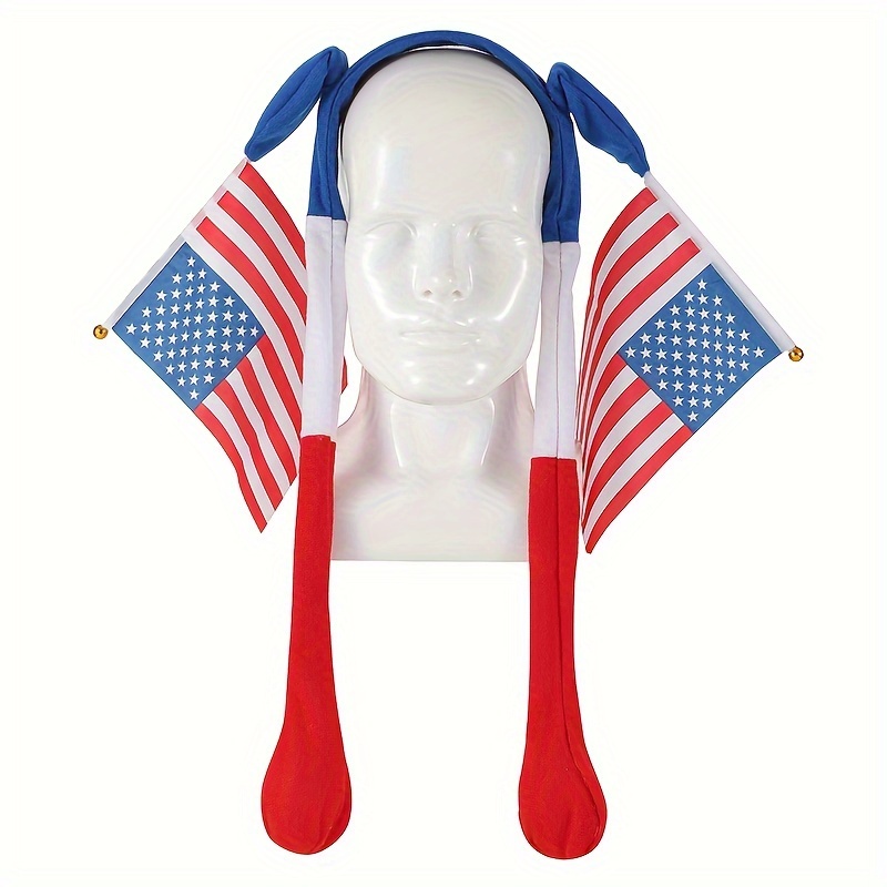 

Patriotic American Flag Headband With Waving Flag Attachments, Hip-hop Style, Red & Blue, Adjustable Headwear For Independence Day Celebration