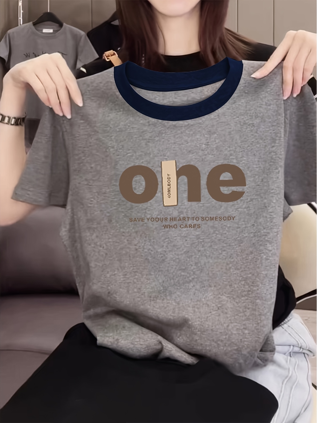 womens casual short sleeve t shirt with color block round neck letter print loose fit blouse machine washable opaque top for casual attire layering