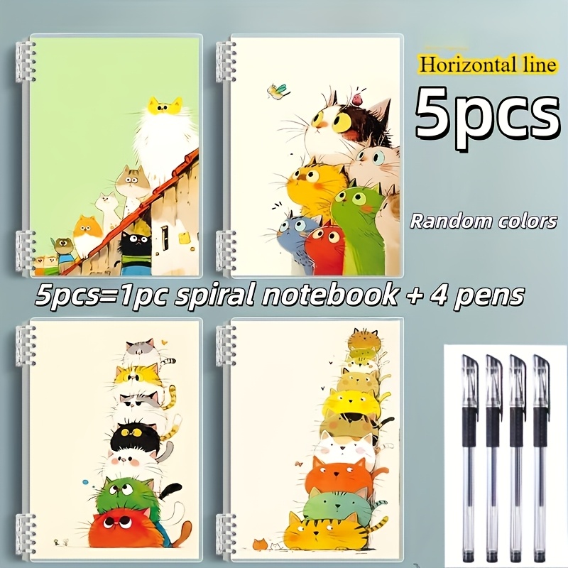 TEMU 5pcs Set, Including 1 Random Color Spiral Notebook+4 Pens - Cute Cartoon Cat Design, 120 Pages Each, Detachable Binding, Suitable For School,