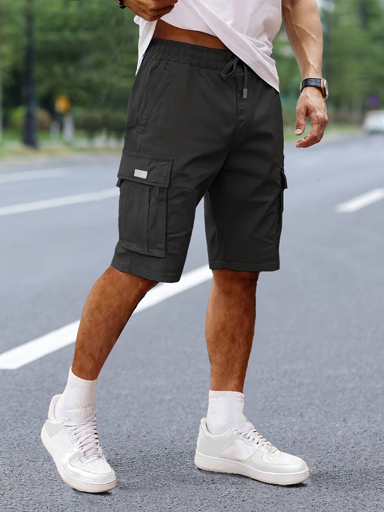 mens casual cargo shorts brown loose fit drawstring waist Temu