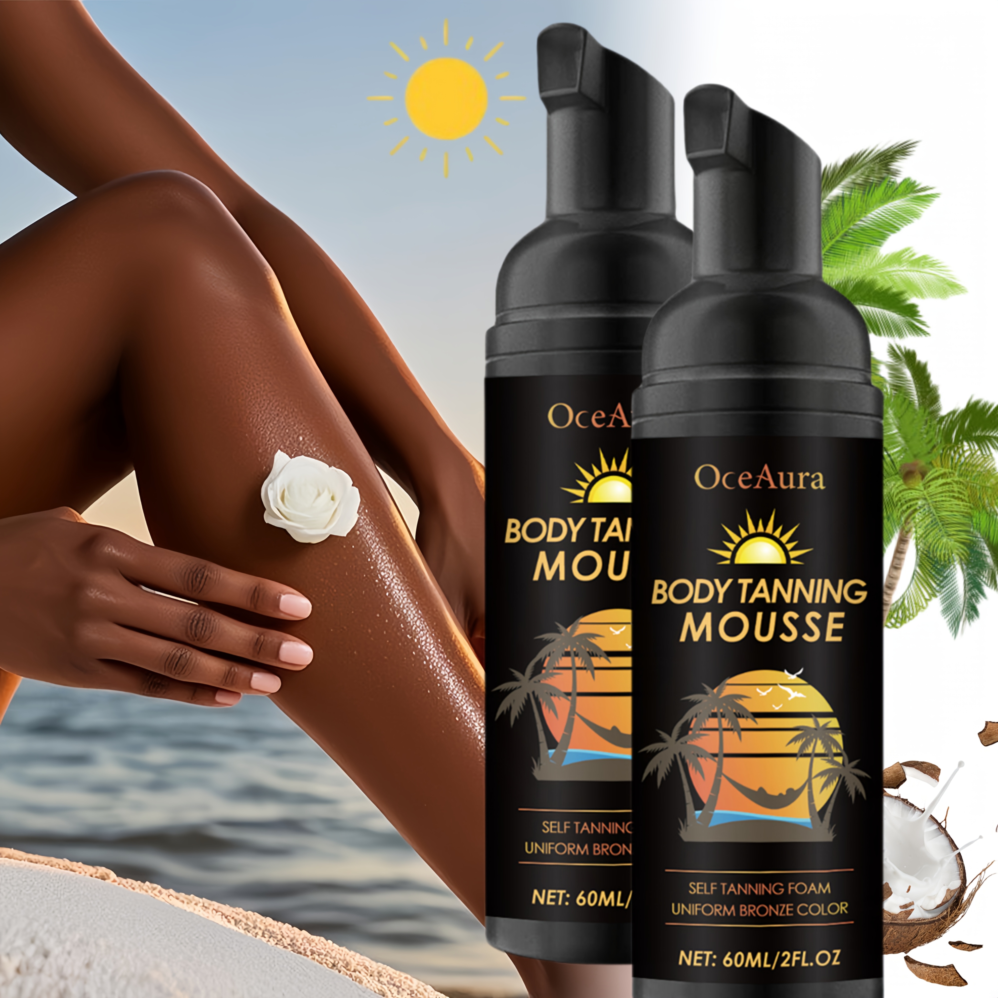 TEMU 2pcs Oceanaura 60ml Body Tanning Mousse - Deep Moisturizing, For All Light Beige Types, Streak-free Gradual Tan With & Palm Leaf Extract, Unisex Summer Skincare In