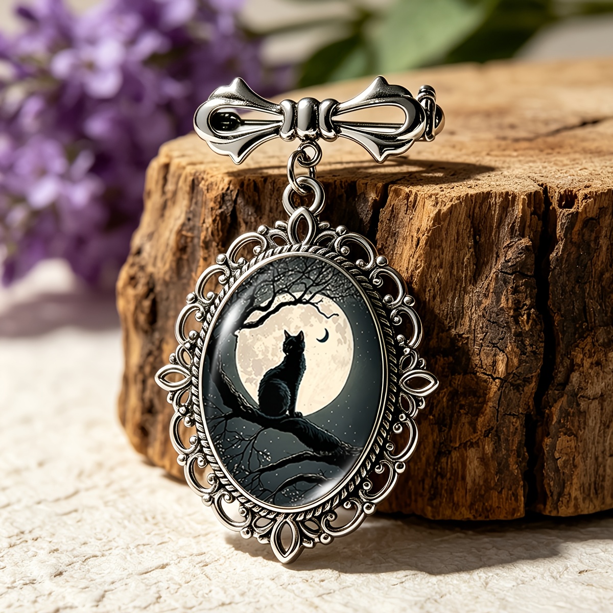 TEMU 1pc Black Cat Silhouette On Tree Oval Glass Cabochon Bow Brooch Handmade Clothing Backpack Brooch Pins Jewelry Gift