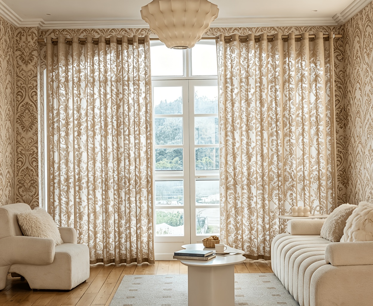 1 Panel Bohemian Baroque Semi-Sheer Curtain Panel - Creamy Transparent Lace Window Drapes with Jacquard Floral, Hanging Suitable for Bay Windows,, Filtering Panels, Installation for Rooms