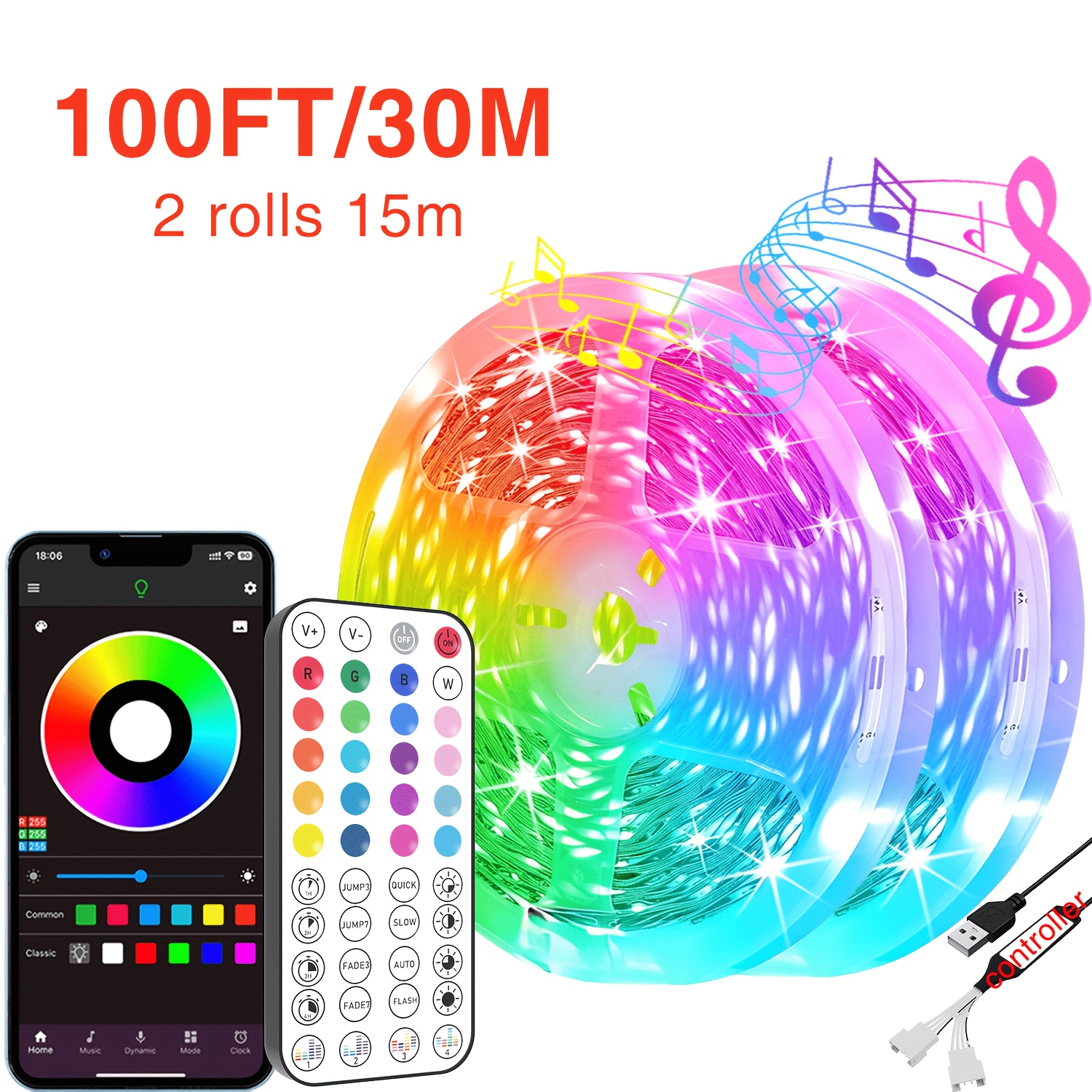 TEMU Smart Home Rgb Strip Light, 3ft-100ft Led Light, Remote And App Control, With Music Synchronization, Timer, Functionality, And Stage Lighting .