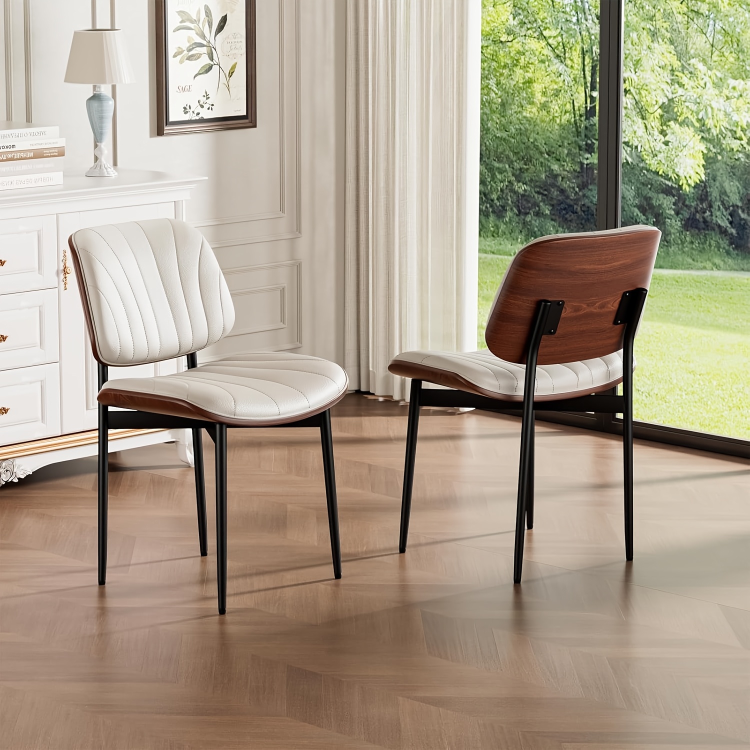 Padded Seat & Backrest - Modern Faux Leather Dining Chairs - Set Of 2 - Metal Legs with Adjustable Feet - for Kitchen, Dining Room, Office