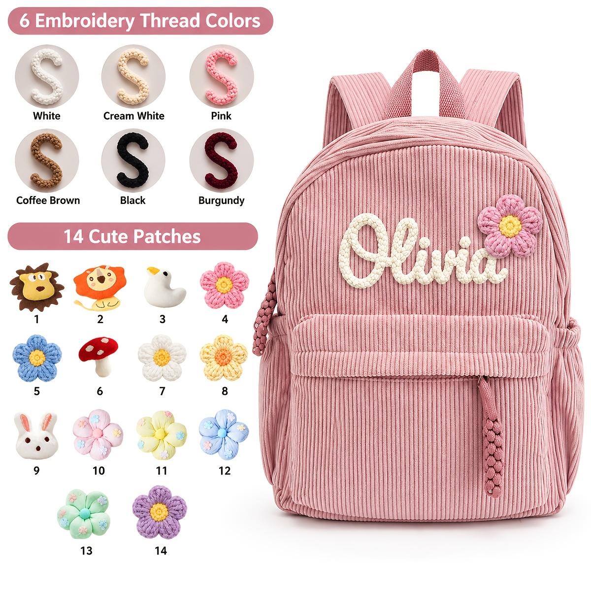 TEMU 1pc Personalized Knitted Custom Corduroy Backpack, Women's Shoulder Bag, Small Size Custom Handmade Letter Rope Embroidery, Flower/lion/duck