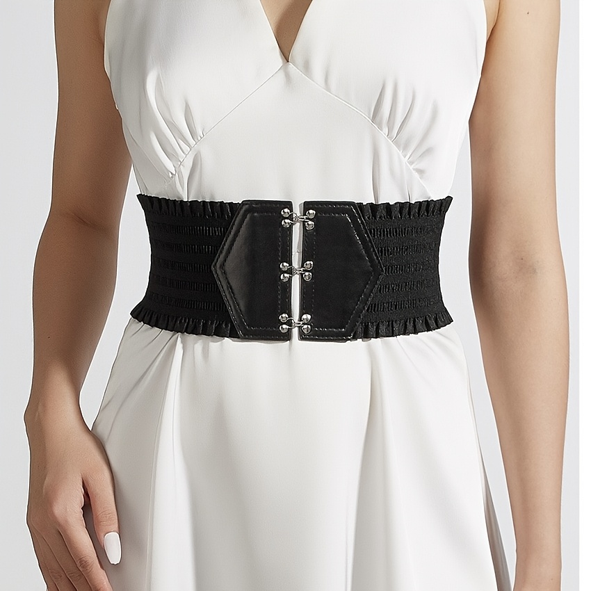 Women's Ruffle Wide Belt Three-button Elegant Elastic Waist Cincher Decorative Dress