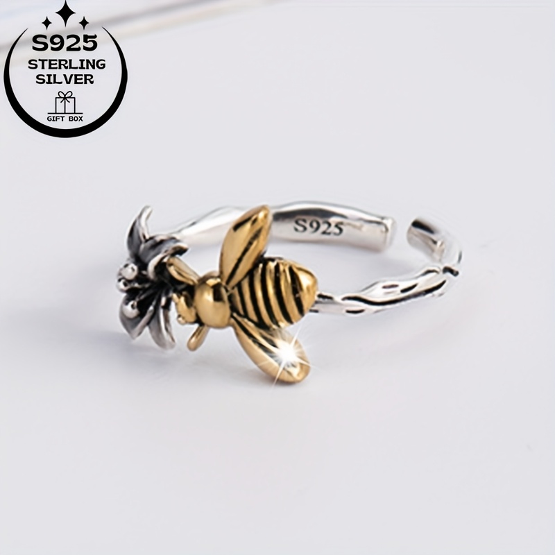 Vintage Boho 925 Sterling Silver Open Ring with Bee and Flower Charms