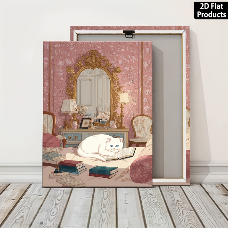 Canvas Painting Wall Decor Featuring a White Cat Reading a Book