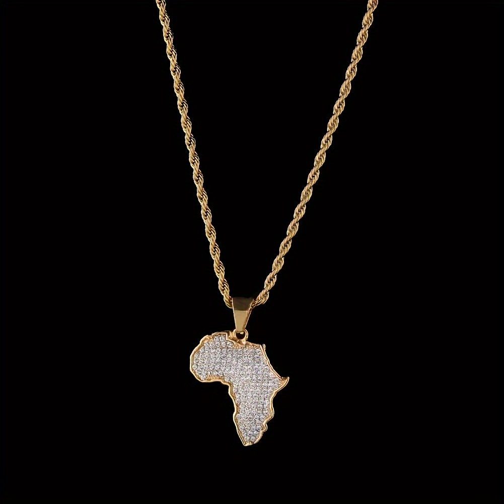 Image of 1pc Fashion Men's Golden African Map Pendant Necklace, Hip-hop Trendy Motorcycle Jewelry Gift