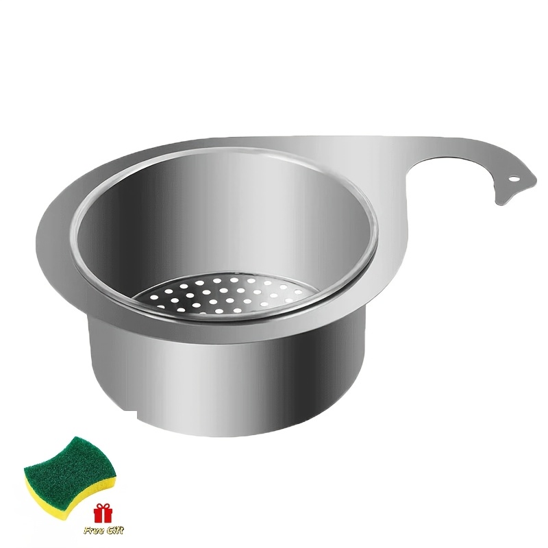 TEMU 2pcs Stainless Steel Draining Basket Set: 1 Draining Basket + 1 Sponge Scrubber. No-drill Installation: Fits Without Damaging Walls. Dual-layer