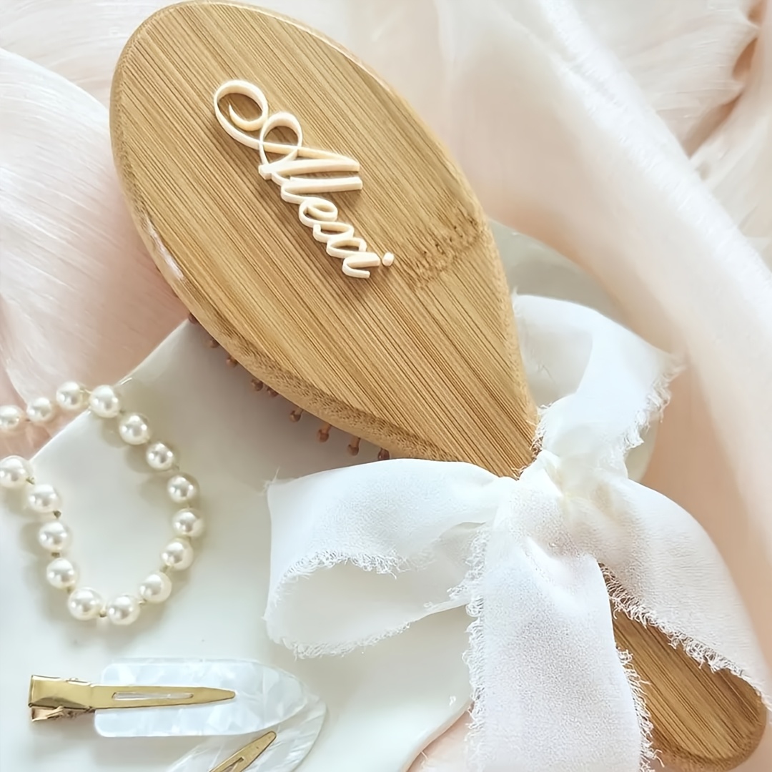 TEMU Personalized Custom Acrylic Name Wooden Hairbrush With Ribbon Bow Comb, Bridal Party Bridesmaid Gift For Girls