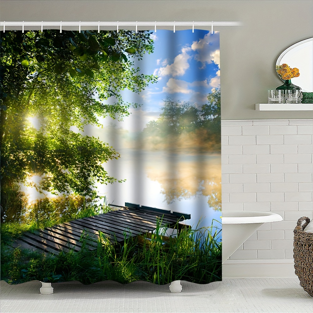 

Sunshine Scenery Shower Curtain - Waterproof, Durable Polyester With Oversized River & Forest Print, Machine Washable Bathroom Decor, Privacy Window Curtain