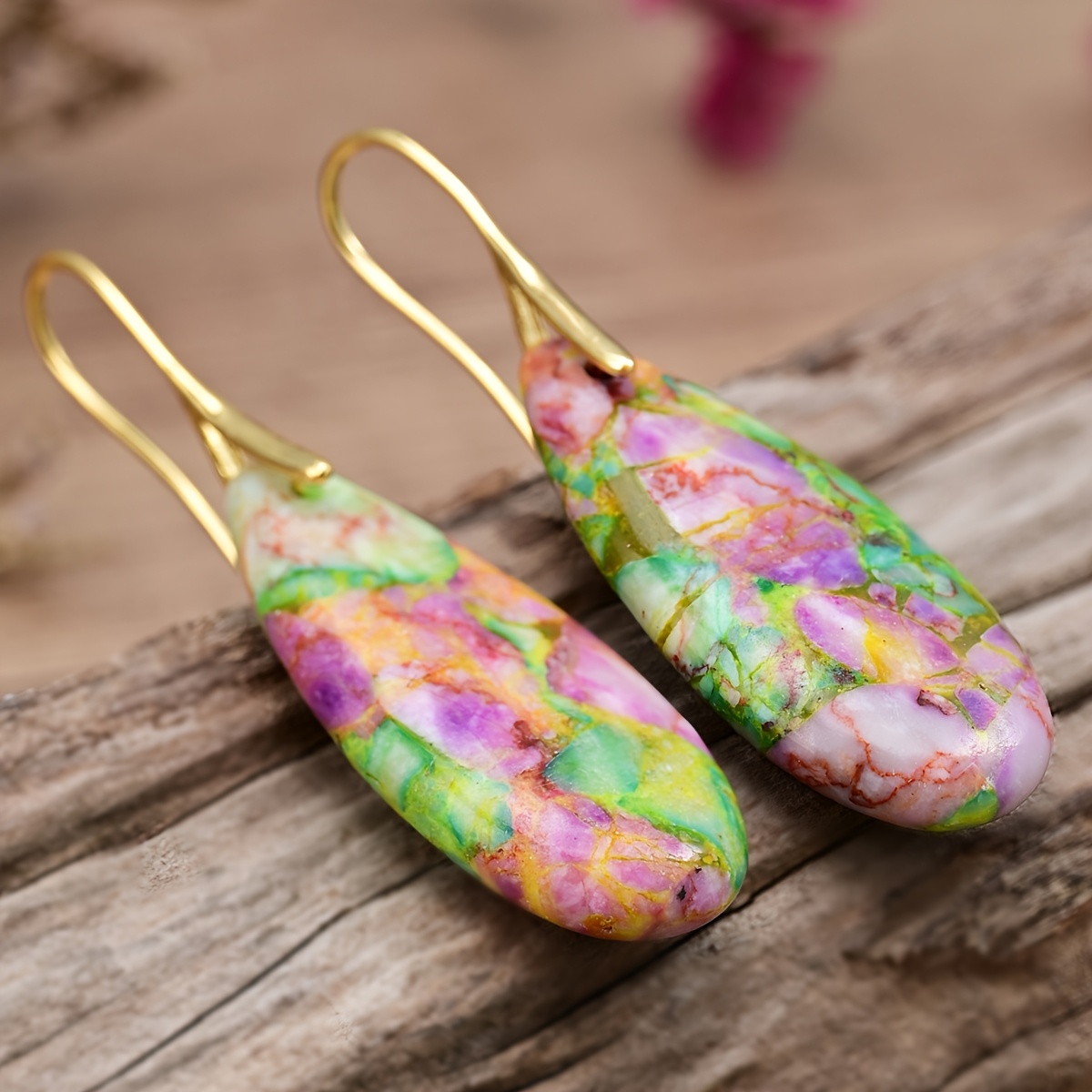 Women's Plated Bohemian Multicolor Stone Long Teardrop Earrings