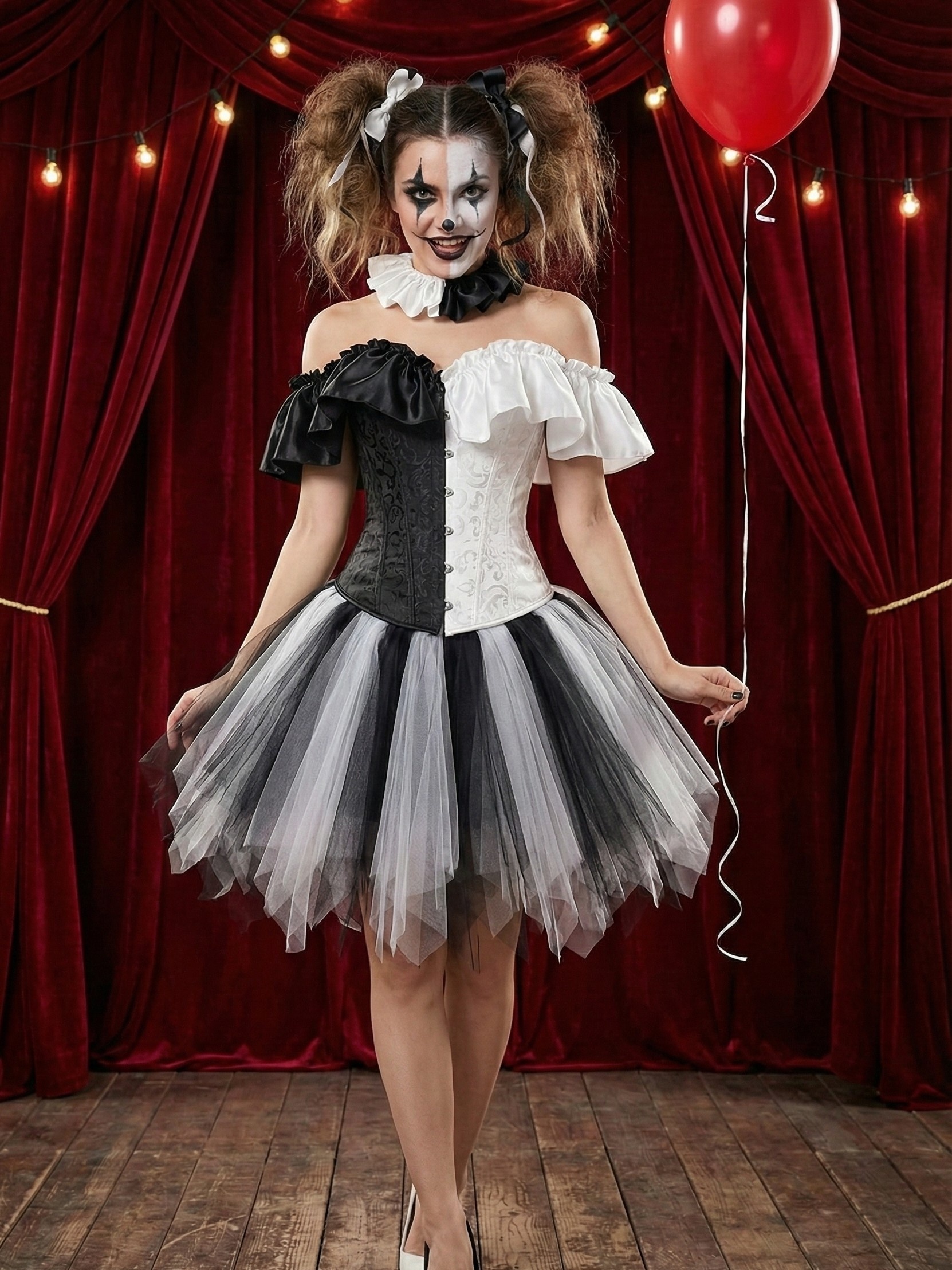 knee length dresses for ladies Creepy Clown Costume | Fun Halloween Adult Costume | Stretchy & Performance Blend | Black/White main image 0