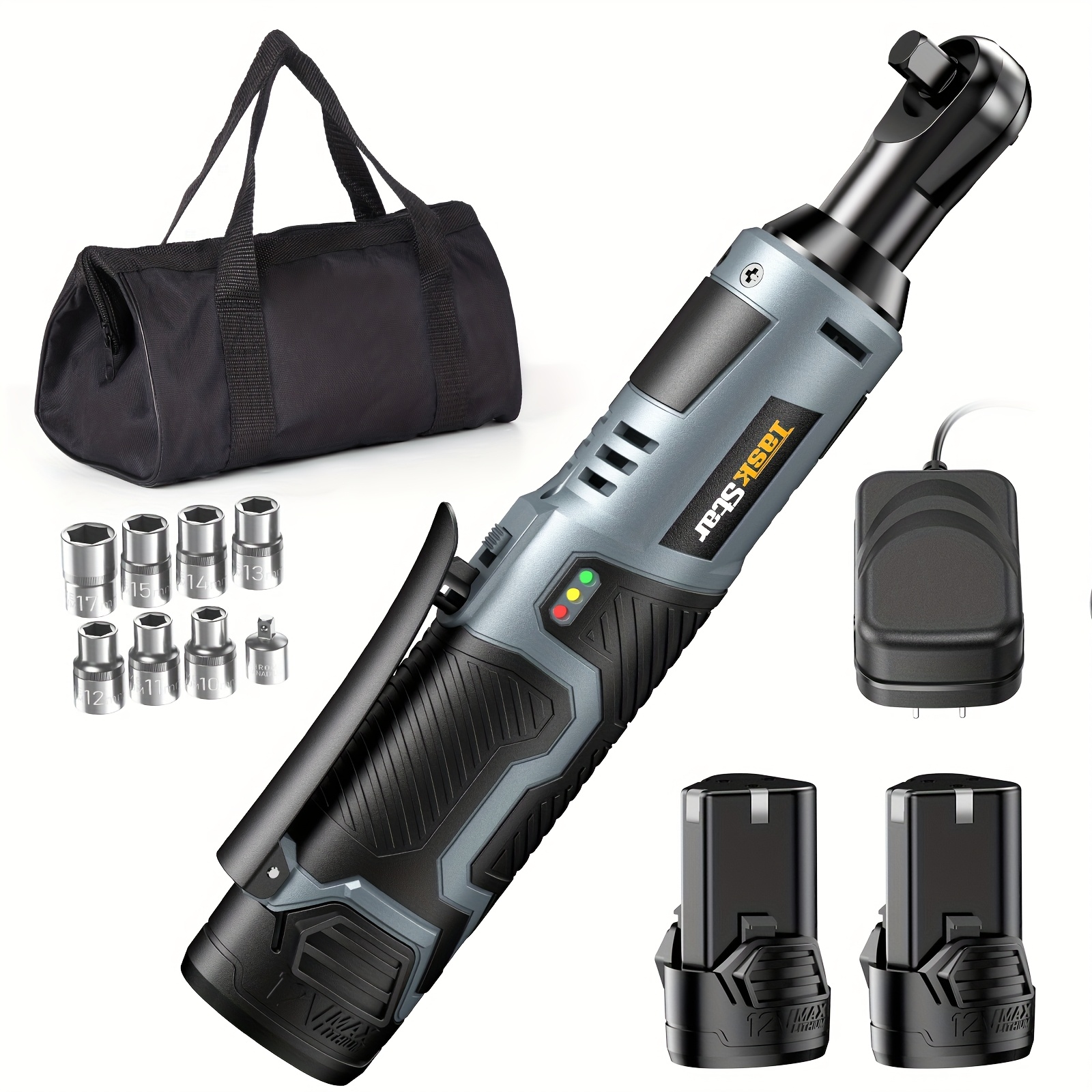 TEMU Tâche étoilée 3/8" 40N, clé à cliquet électrique m, 29, 5Ft-lbs Kit de clé à cliquet avec 2x2, 0Ah Batteries, 200RPM Clé à cliquet à cou court