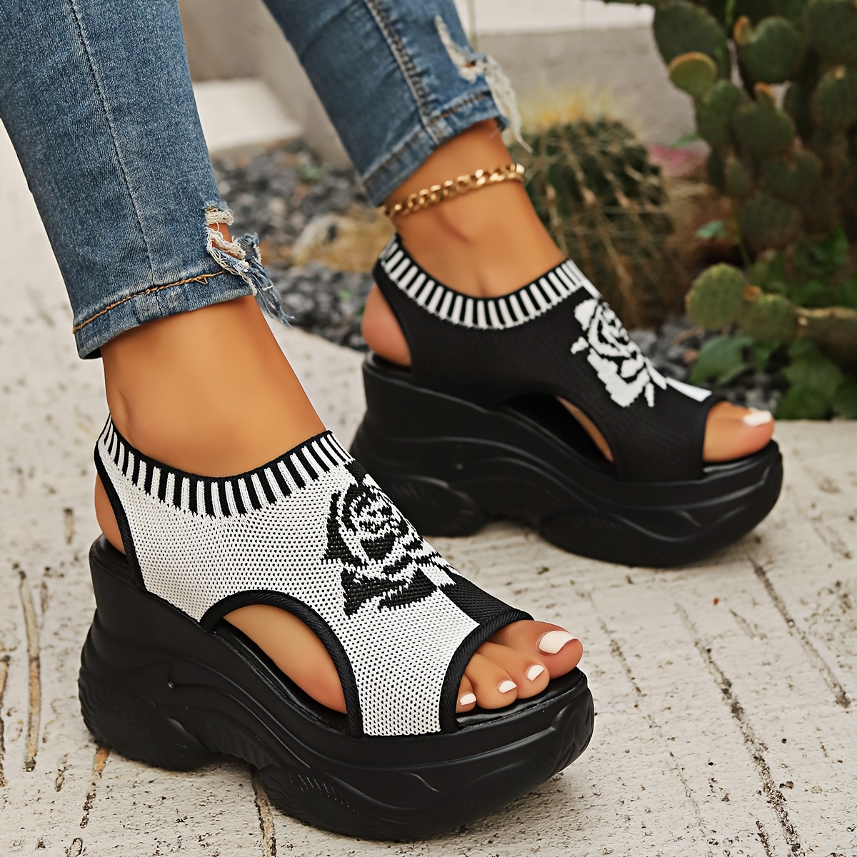 women's fashion casual sports sandals knitted wedge thick Temu