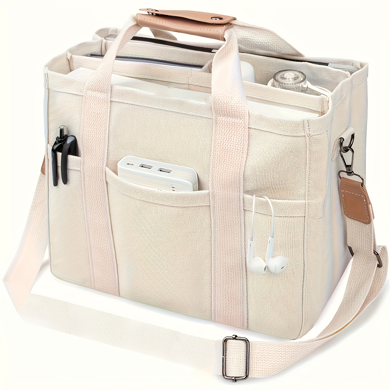 1pieza Mochila de lona casual con múltiples bolsillos, asas duraderas, ligera, correa extraíble, sin cierre, color sólido, opciones blanco/negro, lavado a mano/limpieza en seco