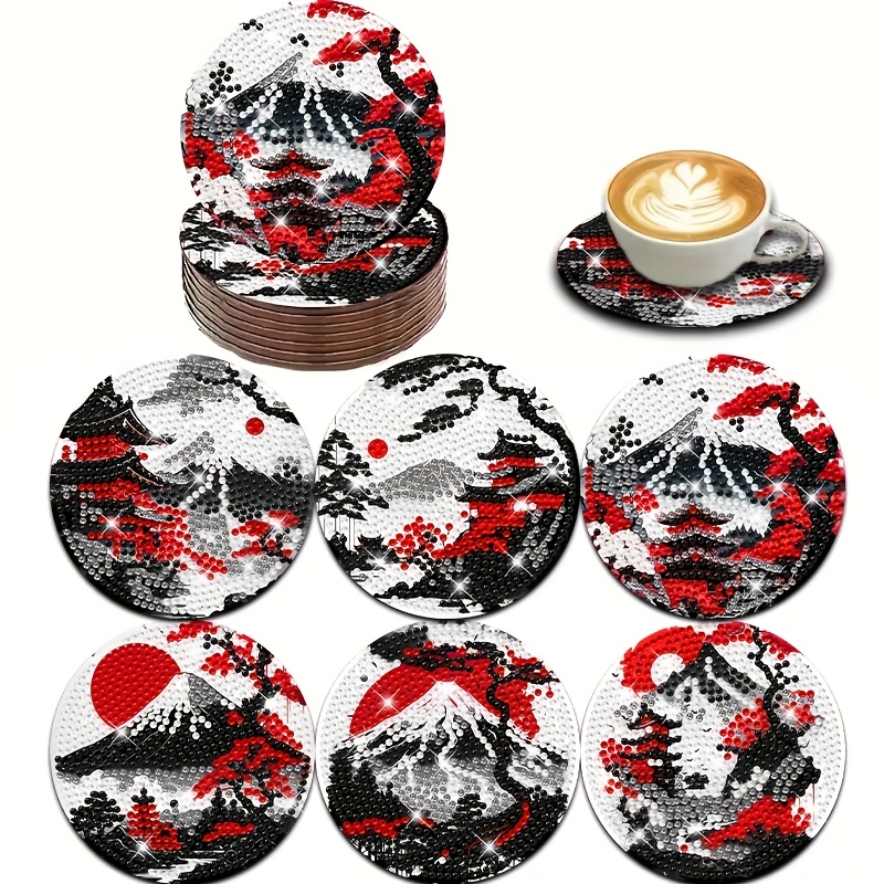 TEMU 6 Pezzi Kit Pittura Diamantata Paesaggio Giapponese, Sottobicchieri Fuji, Fai da Diamantata, Antiscivolo per Bevande - Sottobicchieri per Auto,