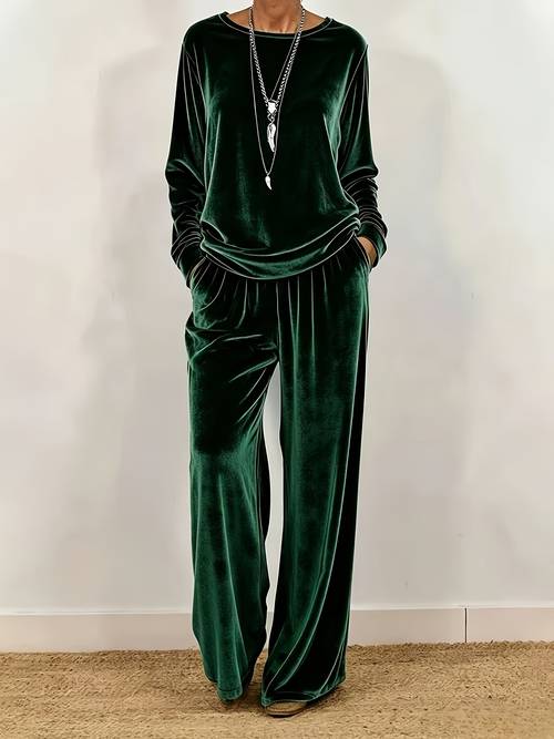 item picture velvet round neck long sleeve top and wide leg pants two piece set for women loose drapey casual suit