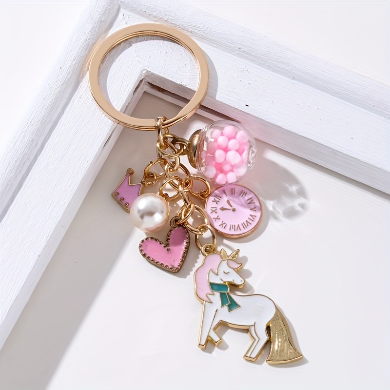 Single Cute Pink Unicorn Heart Crown Clock | Romantic Alloy Keychain With Ring , Ideal For Valentine's Day Decoration