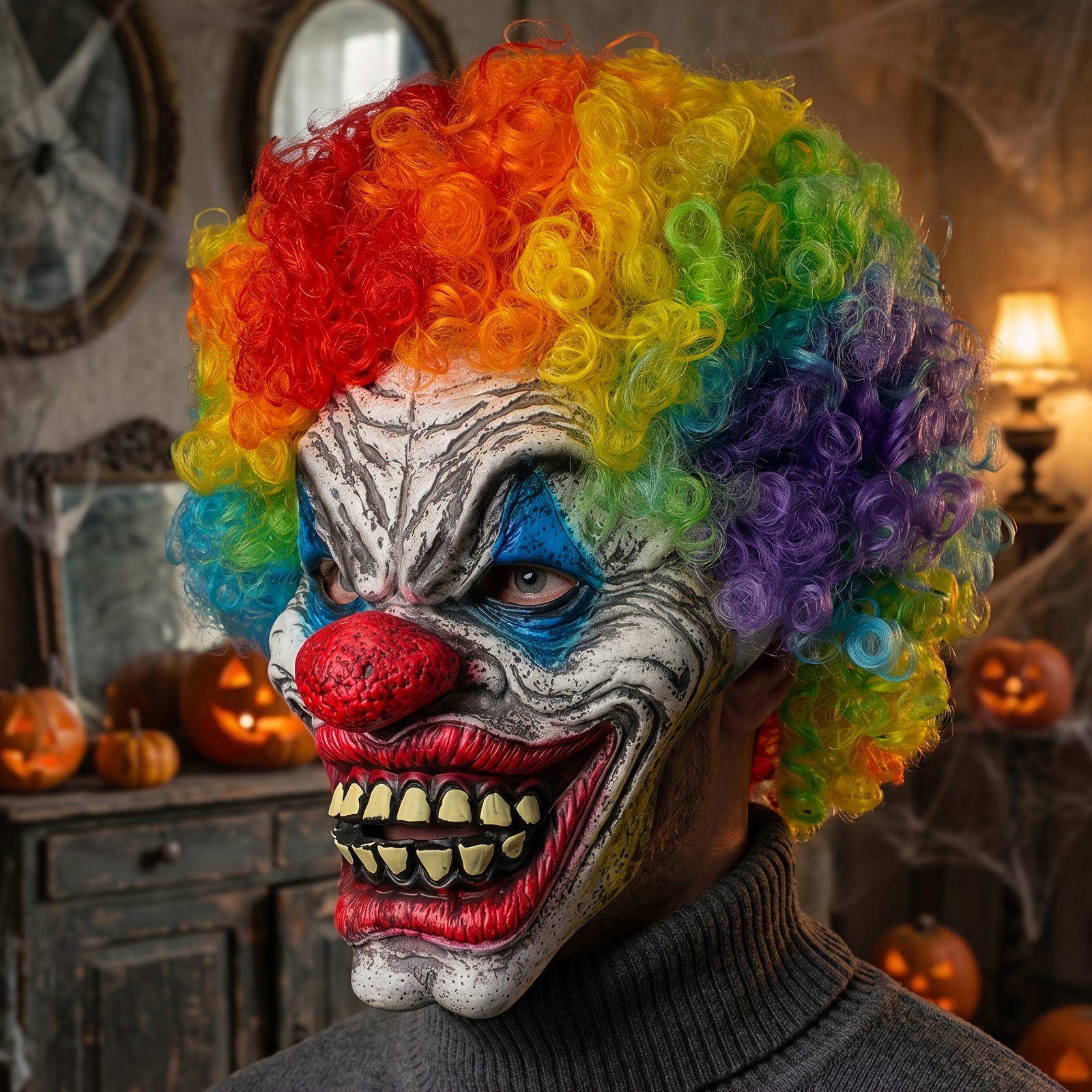 Premium Evil Clown Latex Mask with Rainbow Wig, Creepy Jester Prop