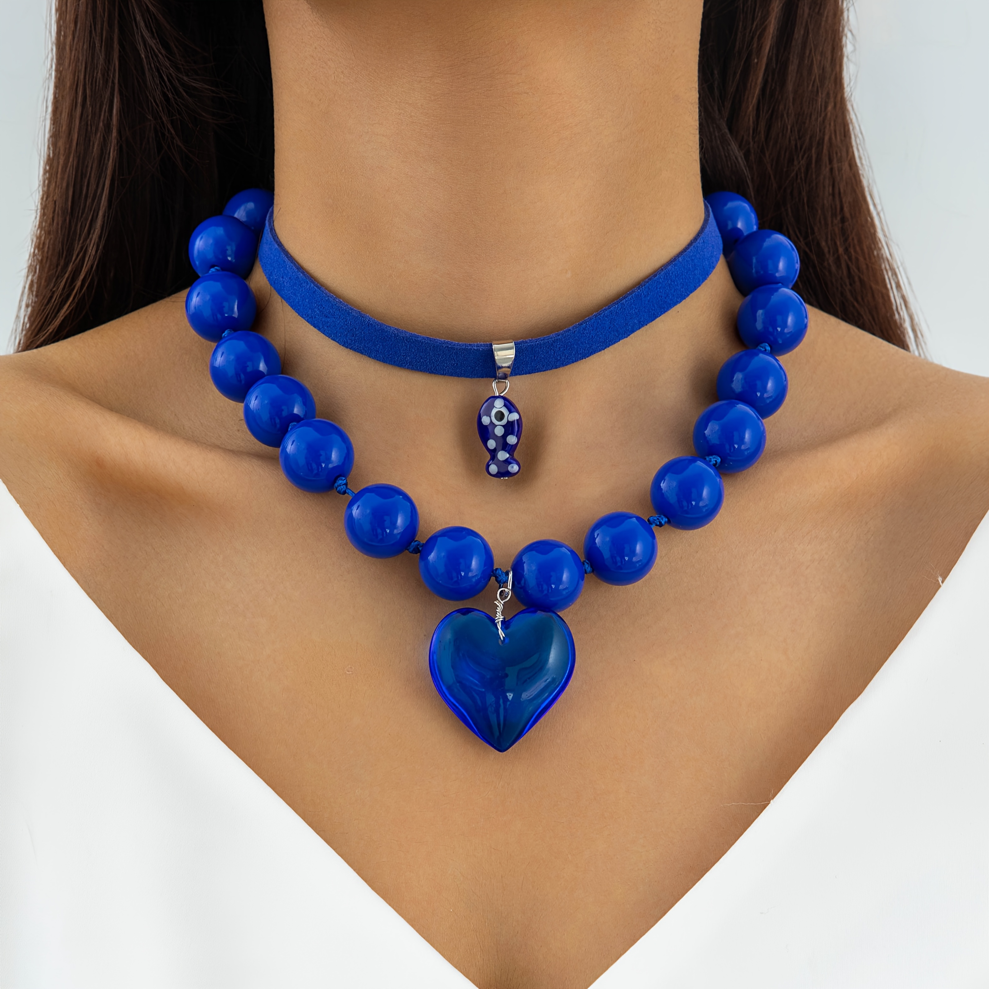 TEMU 2pcs Elegant Fashion Acrylic Round Bead Necklace Clavicle Chain Stackable Heart Peach Dot Small Fish Pendant Necklace Set For Women' Date Gift
