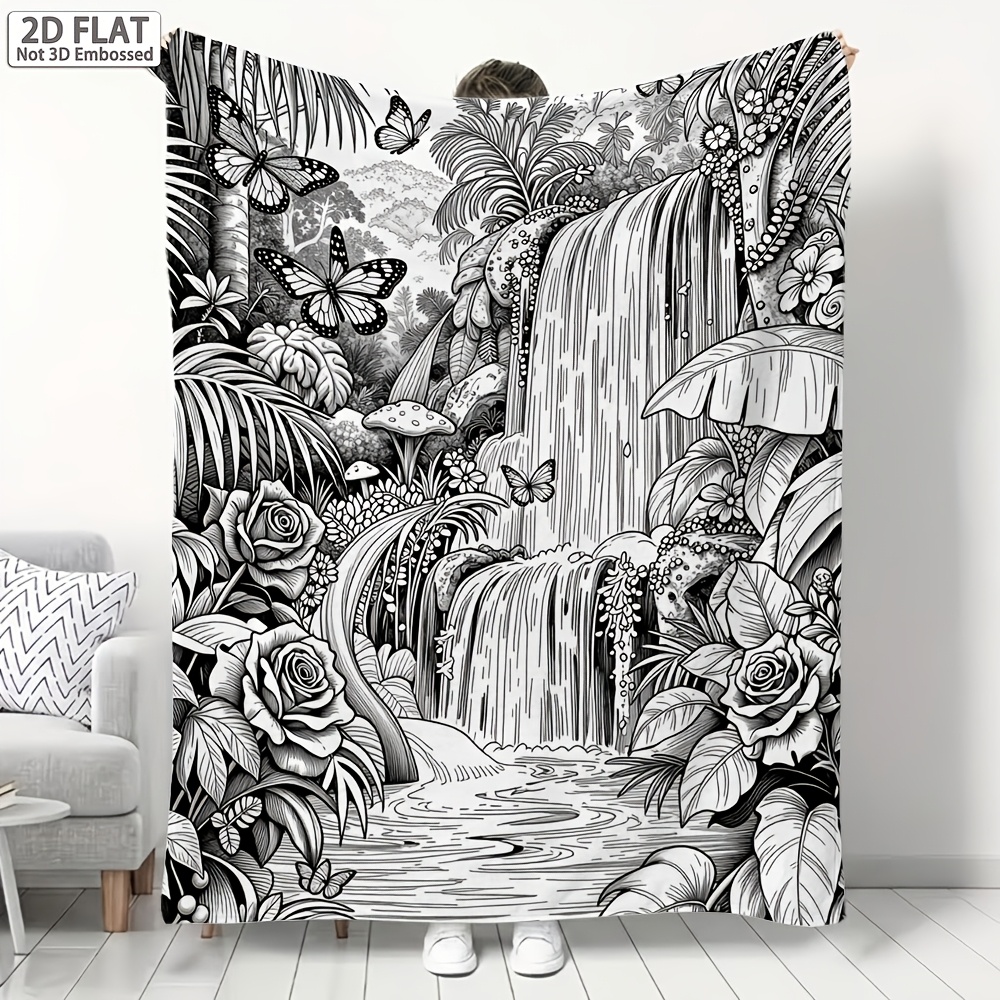 TEMU Forest Waterfall Art Coloring Portable Blanket, Essential For Outdoor Travel And Camping, Soft And Warm , Dual-use Blanket For Home Decor, Sofa,
