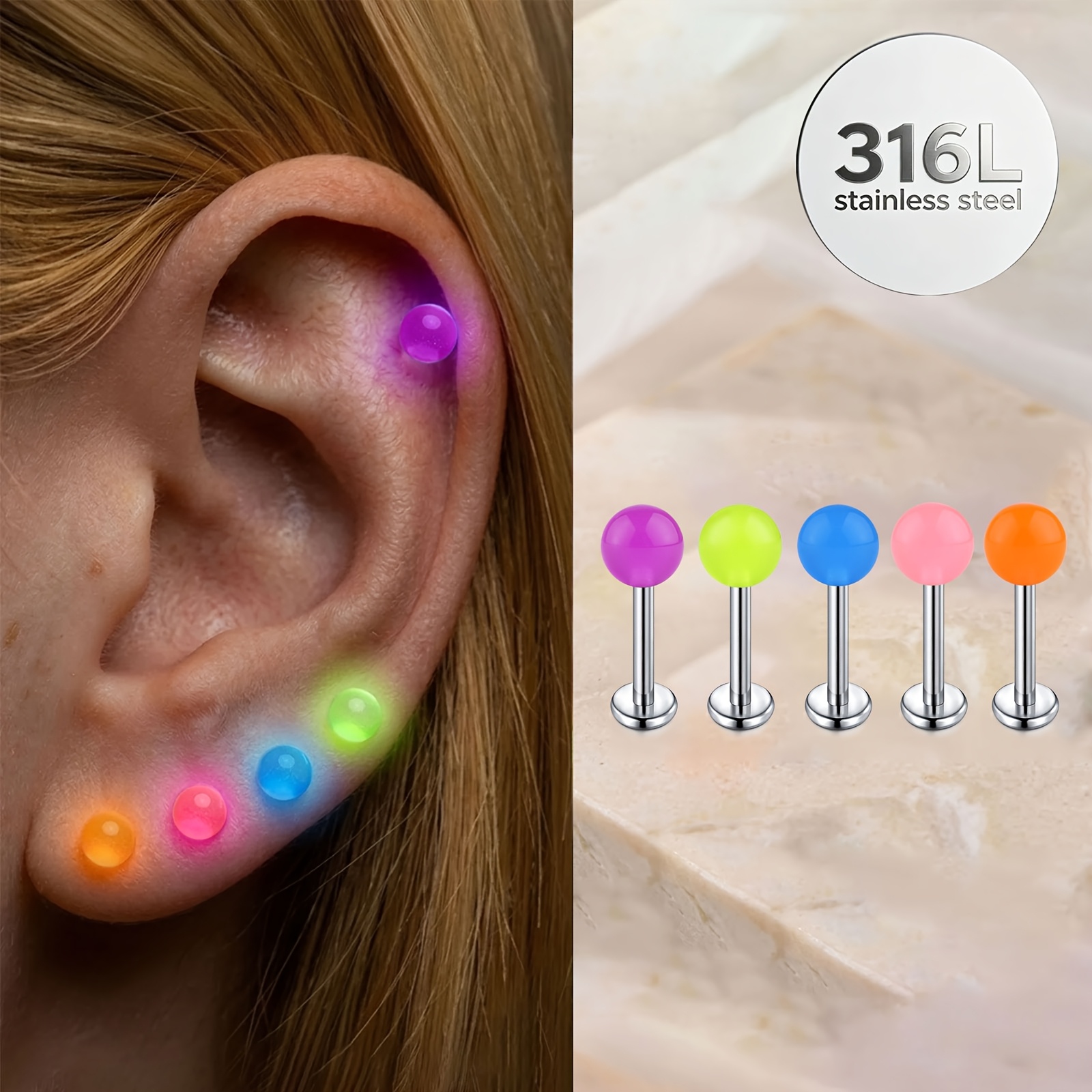 TEMU 2D Plat, 5 stuks Glow in The Dark Acryl Bal Stekeroorknoppen, 316L RVS Plat Achterkant Kraakbeen Helix Tragus Piercing Sieraden, Lip Stekertje