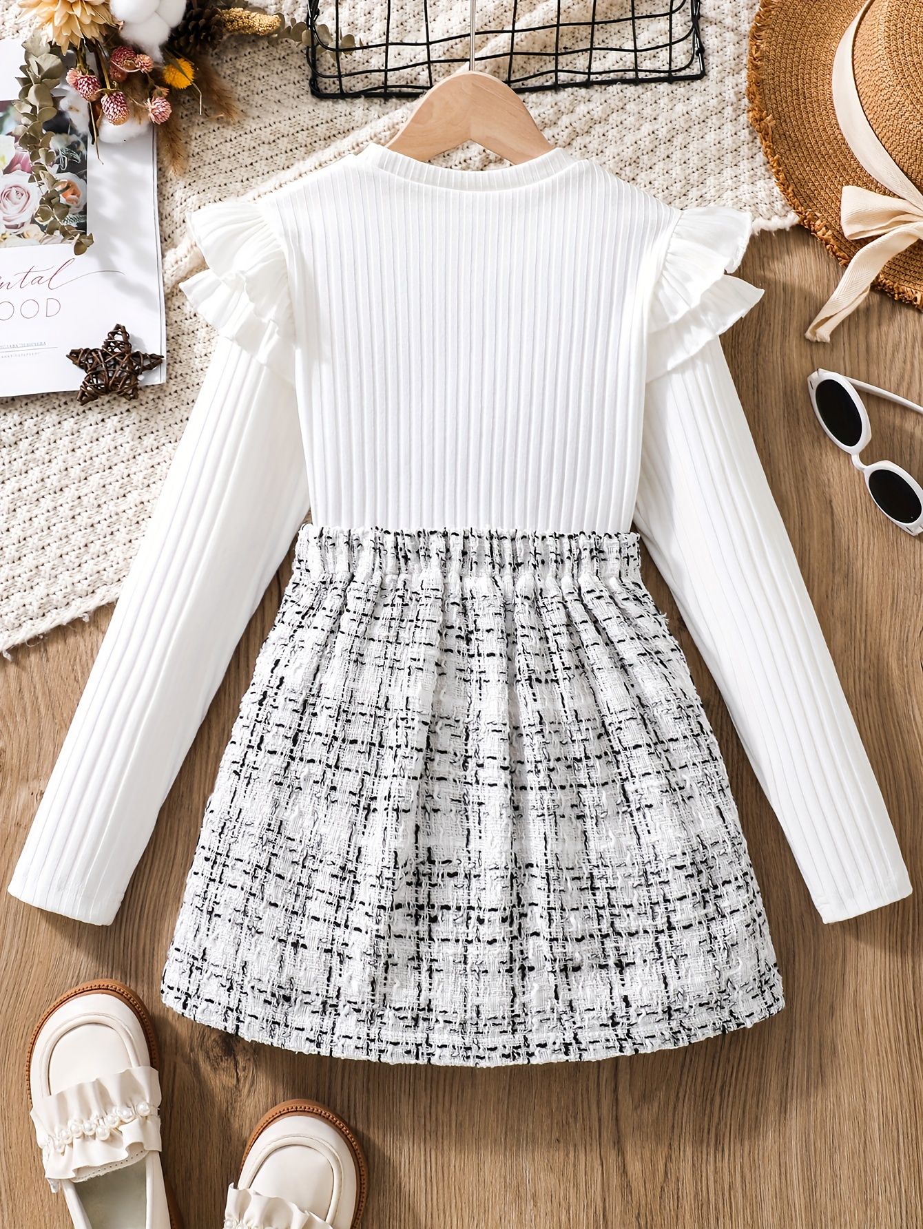 Flounce Trim Long Sleeve Top Tweed Knit Skirt