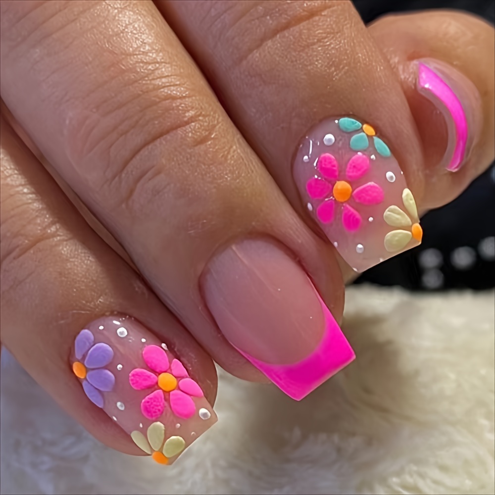 Upgrade Your 24pcs Medium Square Rose Colorful Flowers Coverage Wearable Fake Nail Press On Nails Art+jelly Glue+nail Rubbing Set Suitable For Use Ladies/s Wearing At Parties,dances, Daily Scenes