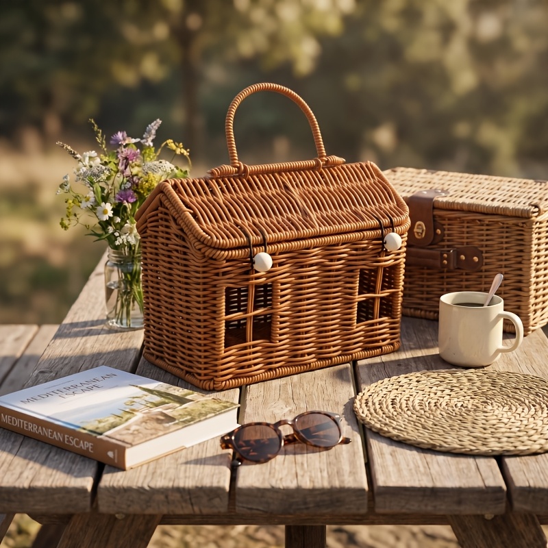 Image of 2026 -style Rattan-like Small House Tote Basket, Decor Storage Bin, Portable Storage Basket, Popular Photo Prop Gift Basket, Handmade Woven, Shelf Baskets