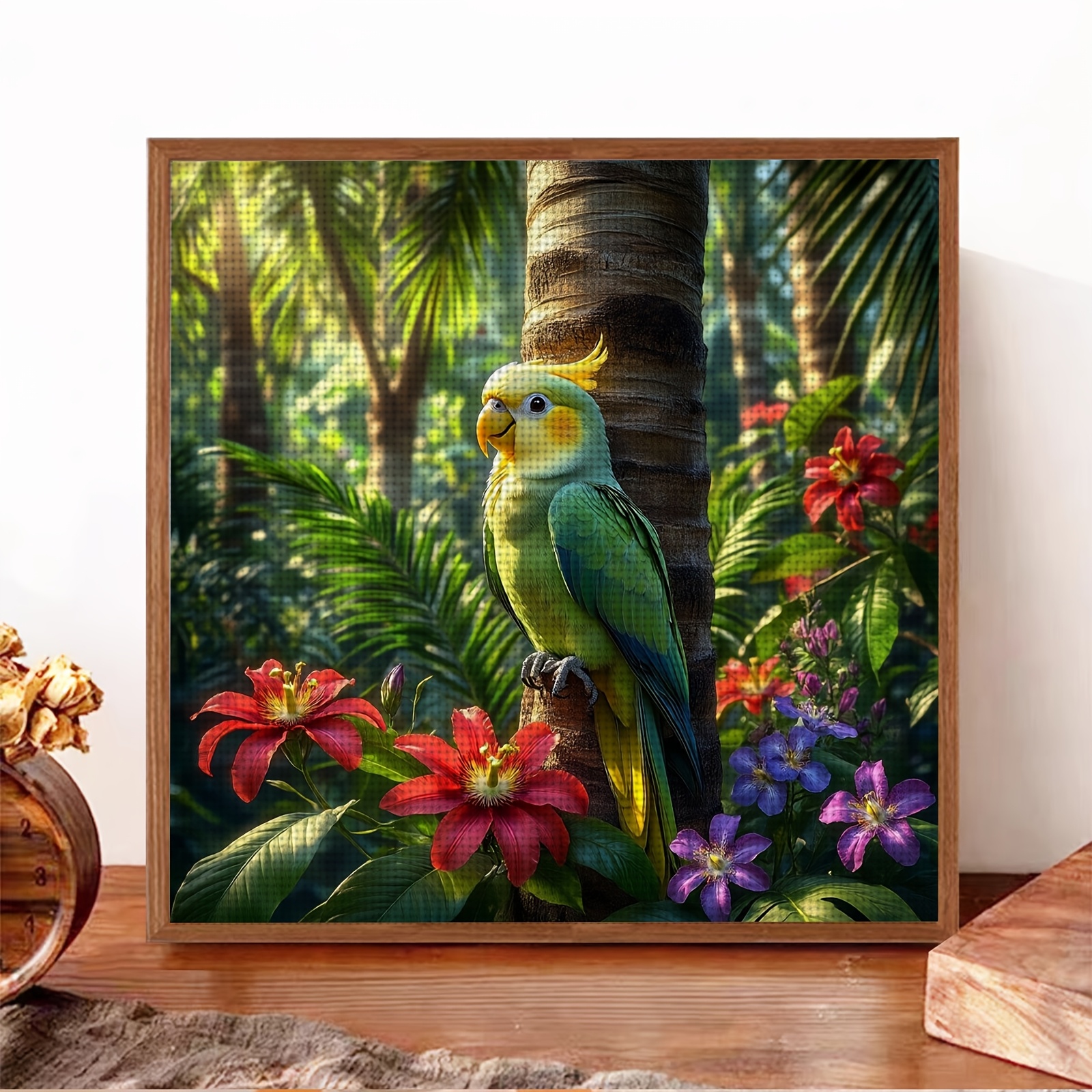 Complete DIY Frameless Cross-Stitch Kit, Colorful Parrot on Branch