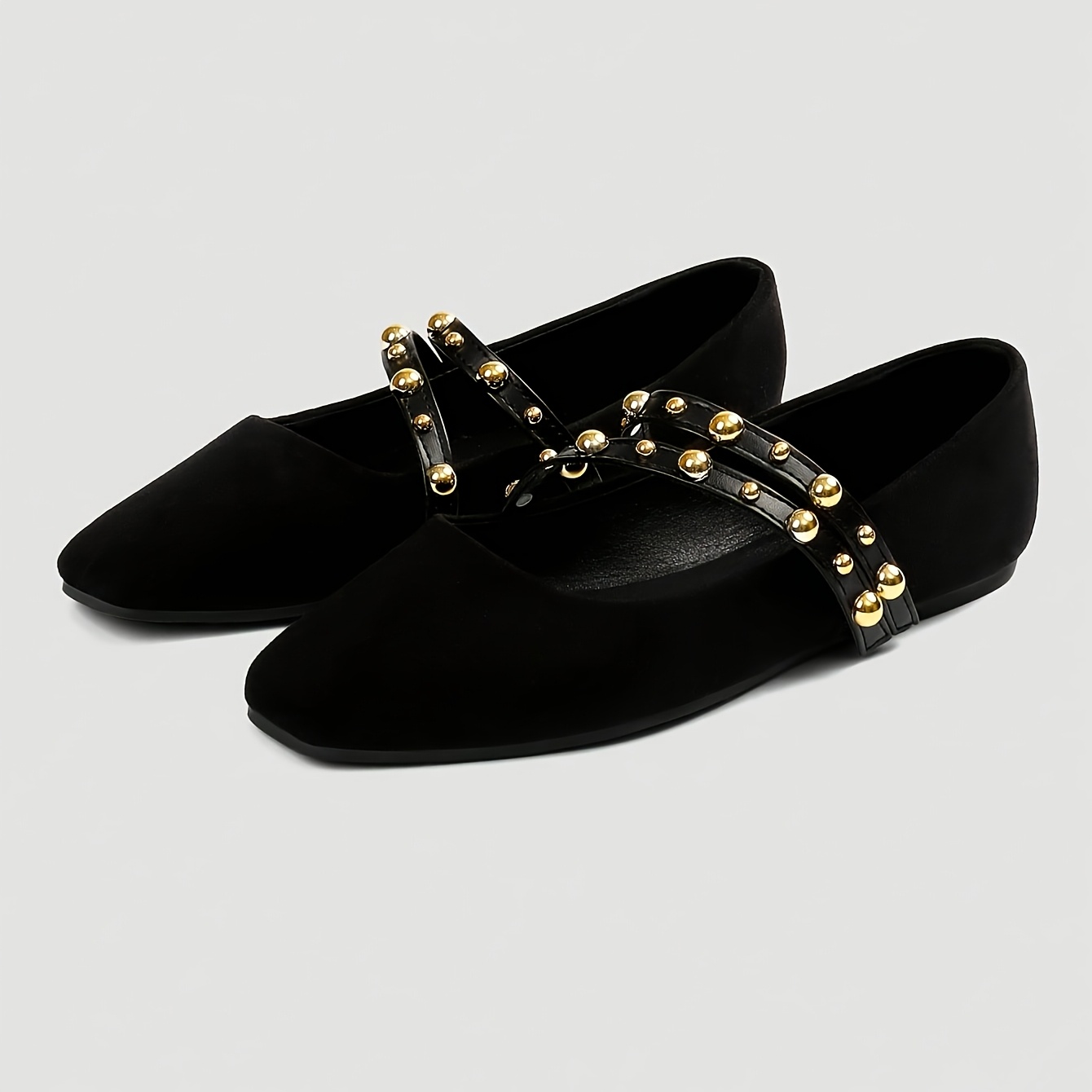 TEMU Zapatos planos Mary Jane negros de punta cuadrada para mujer - Con tiras doradas con clavos, zapatos de tacón de estilo vintage son cómodos y