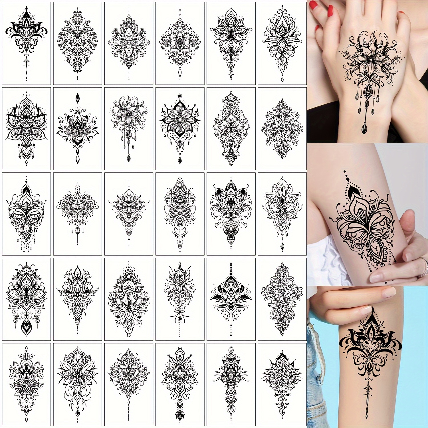 Image of Temporary Tattoo Stickers, Lace Pendant Floral Pattern Fake Tattoo Stickers, Waterproof And Lasting 2-5 Days, Body Arm Collarbone Thigh Art Makeup Tattoo Stickers Suitable For Women