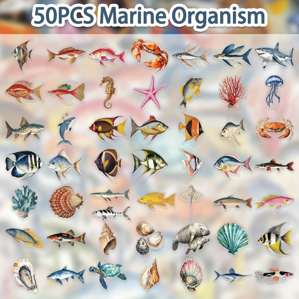 50 Sheets Diverse Pet Doodle Stickers Cartoon Sea Turtle Whale Seahorse Starfish Shark Crab Art Personalized Gift Decoration Phone Case Glass Cup Suitcase Stickers
