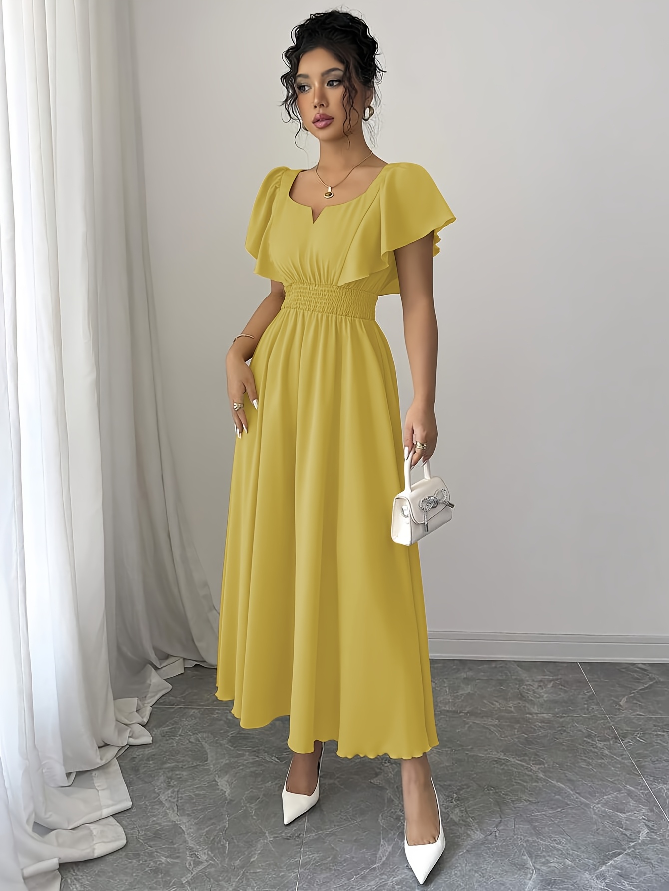 new ruched cap sleeve shirred cinched waist cream yellow - Temu Bahrain