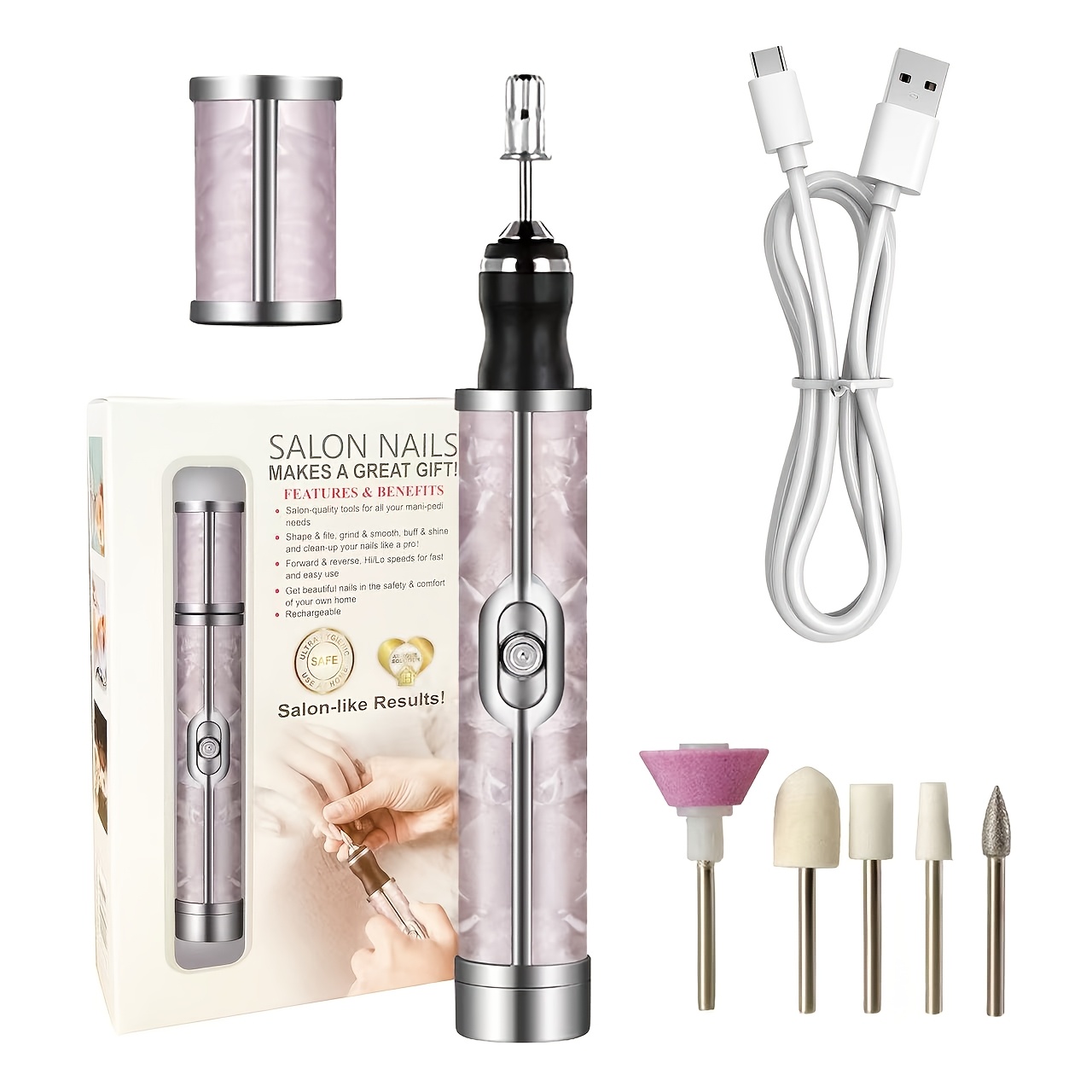 TEMU Gift Box Packed Electric Nail File Drill Set Shell Texture Rechargeable Manicure Pedicure Tool Kit Multi Function For Home Personal Nail Care