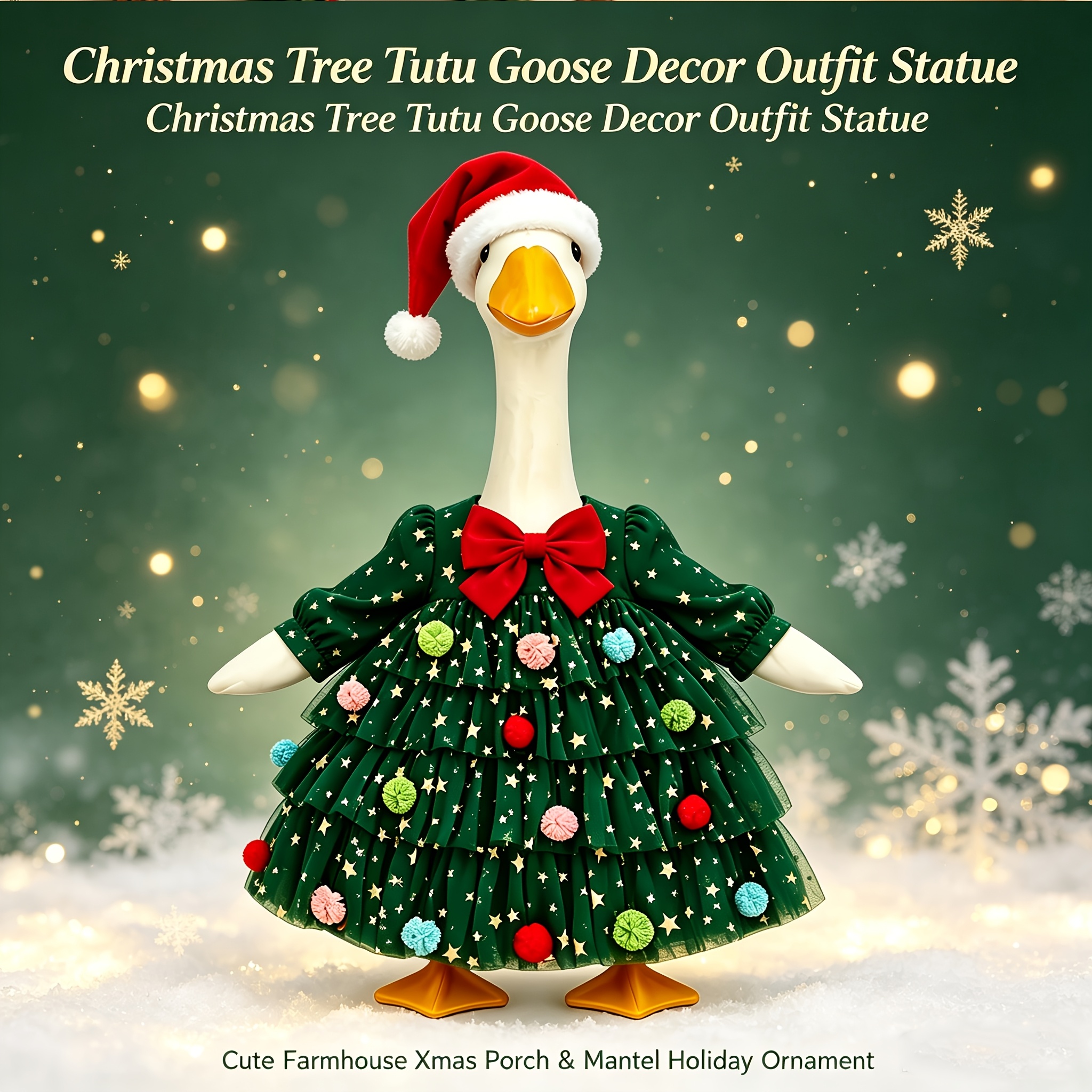 TEMU 23 Inch Star Pom Pom Christmas Tree Lawn Ornament Goose Outfit, Pom Pom Santa Hat Big Red Bow Tulle Swing Dress Complete Set, Winter Xmas Yard